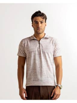 GRITSTONES - Men Cream Textured Cotton Rib Zipper Polo T-Shirt