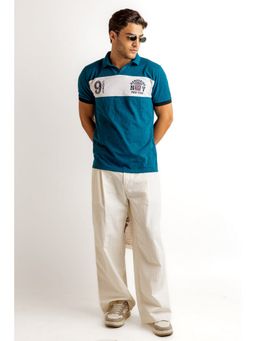 StyleStone - Men Turquoise Blue Typographic Cotton Polo T-Shirt