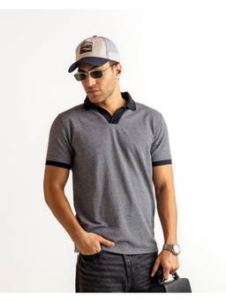 GRITSTONES - Men Grey Printed Cotton Polo T-Shirt