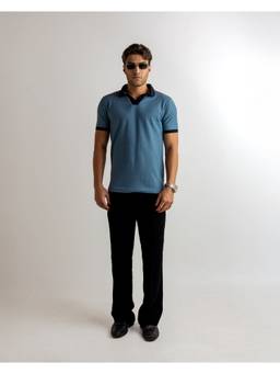 GRITSTONES - Men Blue Textured Cotton Polo T-Shirt