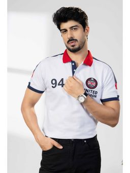StyleStone - Men White Cotton Half Sleeve Printed Polo T-Shirt