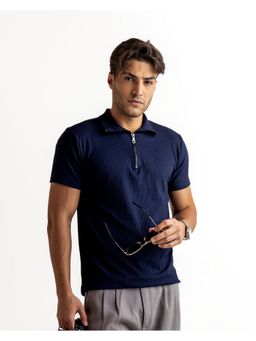 GRITSTONES - Men Navy Blue Textured Cotton Rib Zipper Polo T-Shirt