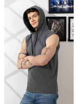 GRITSTONES - Men Dark Grey Sleeveless Cotton Hooded T-Shirt