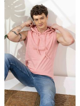 GRITSTONES - Men Pink Sleeveless Cotton Hooded T-Shirt