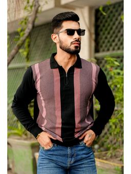 StyleStone - Men Black Striped Flat Knit Polo T-Shirt