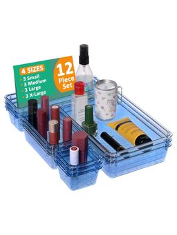 Kuber Industries - Sea Blue Acrylic Transparent Cosmetic Organizer Trays (Pack of 12)