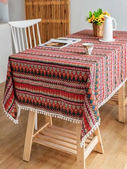 House of Quirk - 183 Red Trible Printed Cotton Linen Dust Proof Kitchen Dinning Table Cover