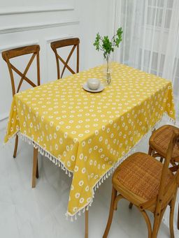 House of Quirk - 183 Yellow Floral Printed Linen Dust Proof Kitchen Dinning Table Cover