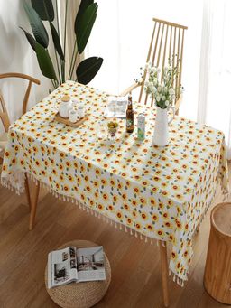 House of Quirk - White Sunflower Cotton Linen Dust Proof Kitchen Dinning Table Cover