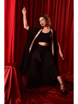 LAALZARI - Black Crop Top With Lehenga And Shrug (Set of 3)