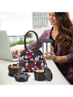 Milton - Black Floret Microware Safe Inner Stainless Steel Lunch Box Set