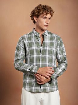 Campus Sutra - Men Olive Green and Ecru White Halo Check Regular Shirt