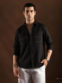 Campus Sutra - Men Onyx Black Contrast Stitch Utility Shirt