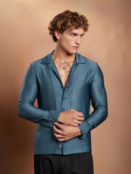 Campus Sutra - Men Indigo Blue Satin Cuban Shirt