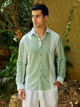 Campus Sutra - Men Pistachio Green and Daisy White Panel Tactile Shirt