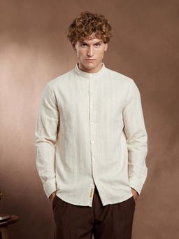 Campus Sutra - Men Beige Striped Extended Band Collar Shirt