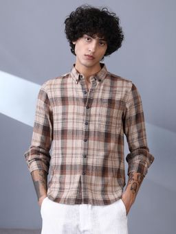 Campus Sutra - Men Ash Brown Tartan Regular Shirt