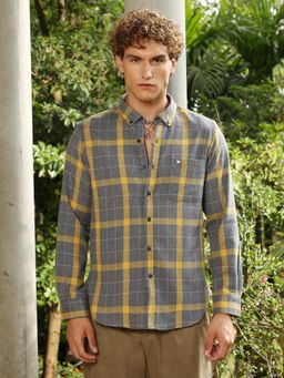 Campus Sutra - Men Moon Grey and Lemon Yellow Bi Check Regular Shirt