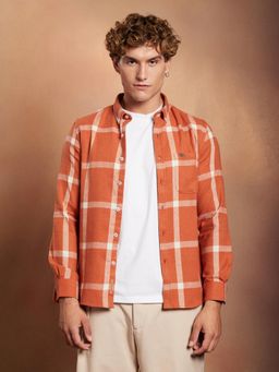 Campus Sutra - Men Safety Orange Shepherd Check Regular Shirt