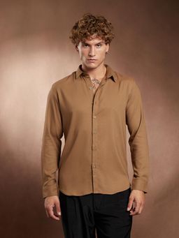 Campus Sutra - Men Mocha Brown Solid Waffle Weave Shirt