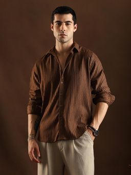 Campus Sutra - Men Chocolate Brown Ripple Trough Stripes Shirt