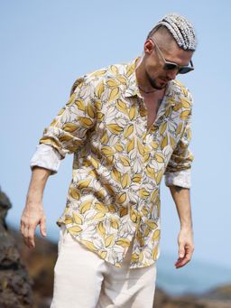 Campus Sutra - Men Yellow Ochre Leaflet Imprint Shirt