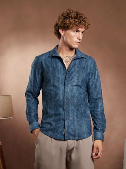 Campus Sutra - Men Indigo Blue Ribbed Corduroy Shirt