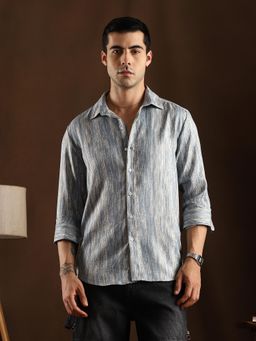 Campus Sutra - Men Icy Blue Printed Distortion Weave Shirt