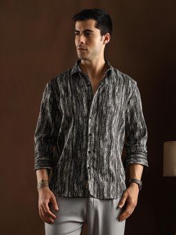 Campus Sutra - Men Obsidian Black Distortion Weave Shirt