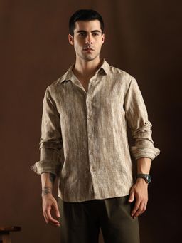 Campus Sutra - Men Peanut Beige Distortion Weave Shirt