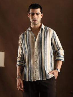 Campus Sutra - Men Butter Yellow and Prussian Blue Striped Strokes Shirt