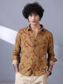 Campus Sutra - Men Wood Brown Leaf Line Tactile Shirt