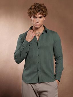 Campus Sutra - Men Emerald Green Pinstripe Tactile Shirt