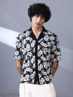 Campus Sutra - Men Obsidian Black and Chalk White Bloom Imprint Shirt