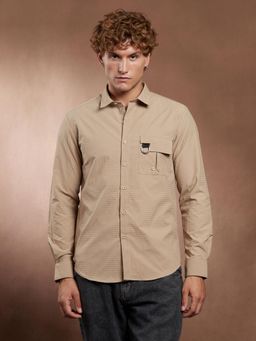 Campus Sutra - Men Sand Beige Grid Utility Shirt