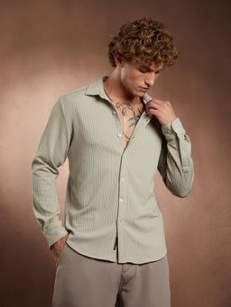 Campus Sutra - Men Beige Rope Striped Textured Tactile Shirt