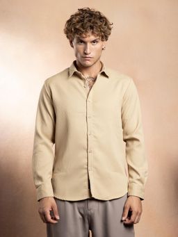 Campus Sutra - Men Sand Beige Interweave Tactile Textured Shirt