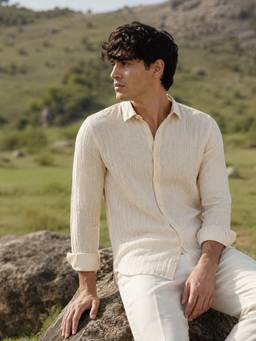 CAHOOT - Men's Off-White Textured Full Sleeve Casual Shirt