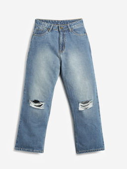 Lilpicks - Girls Straight Fit Slash Knee Denim Jeans - Dark Blue