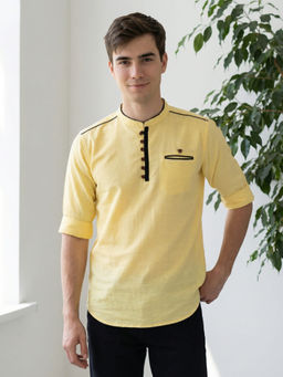 KUONS AVENUE - Men Cream Yellow Linen Cotton Short Kurta