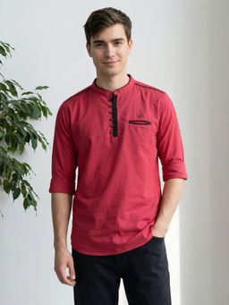 KUONS AVENUE - Men Salmon Pink Linen Cotton Short Kurta