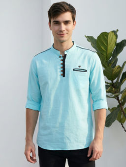 KUONS AVENUE - Men Aqua Linen Cotton Short Kurta
