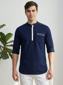 KUONS AVENUE - Men Navy Blue Linen Cotton Short Kurta