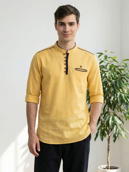 KUONS AVENUE - Men Royal Yellow Linen Cotton Short Kurta