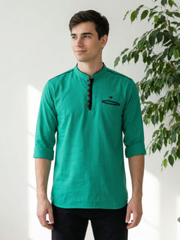 KUONS AVENUE - Men Forest Green Linen Cotton Short Kurta