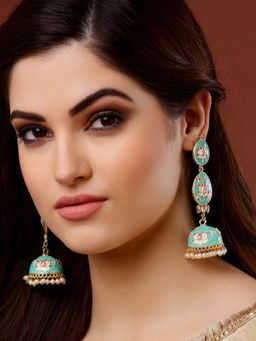Moedbuille - Kundan & Pearls Studded Handpainted Sea Green Meenakari Work Gold Plated Jhumkas
