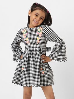Nautinati - Girls Checkered Round Neck Embroidery Detailing Cotton Mini Dress