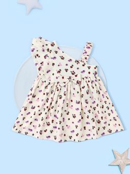 Nautinati - Girls Off White Floral Printed Ruffled One Shoulder A-Line Dress