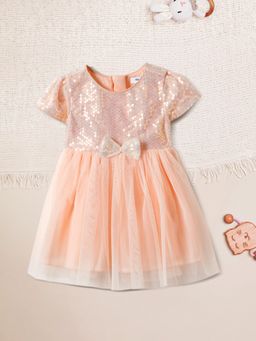 Nautinati - Girls Peach Embellished Sequined Bow Fit & Flare Dress with Sling Bag