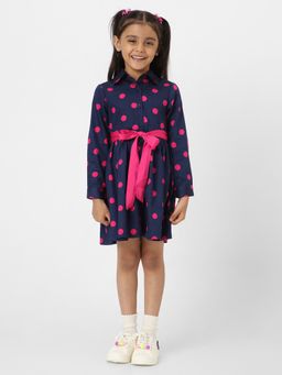 Nautinati - Girls Navy Blue & Pink Polka Printed Shirt Mini Dress with Belt (Set of 2)